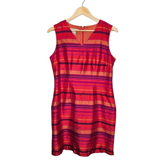 JILLIAN JONES Silk Sheath Dress 8 V-Neck Stripes Pink Orange Purple Sleek Vtg - Picture 1 of 6